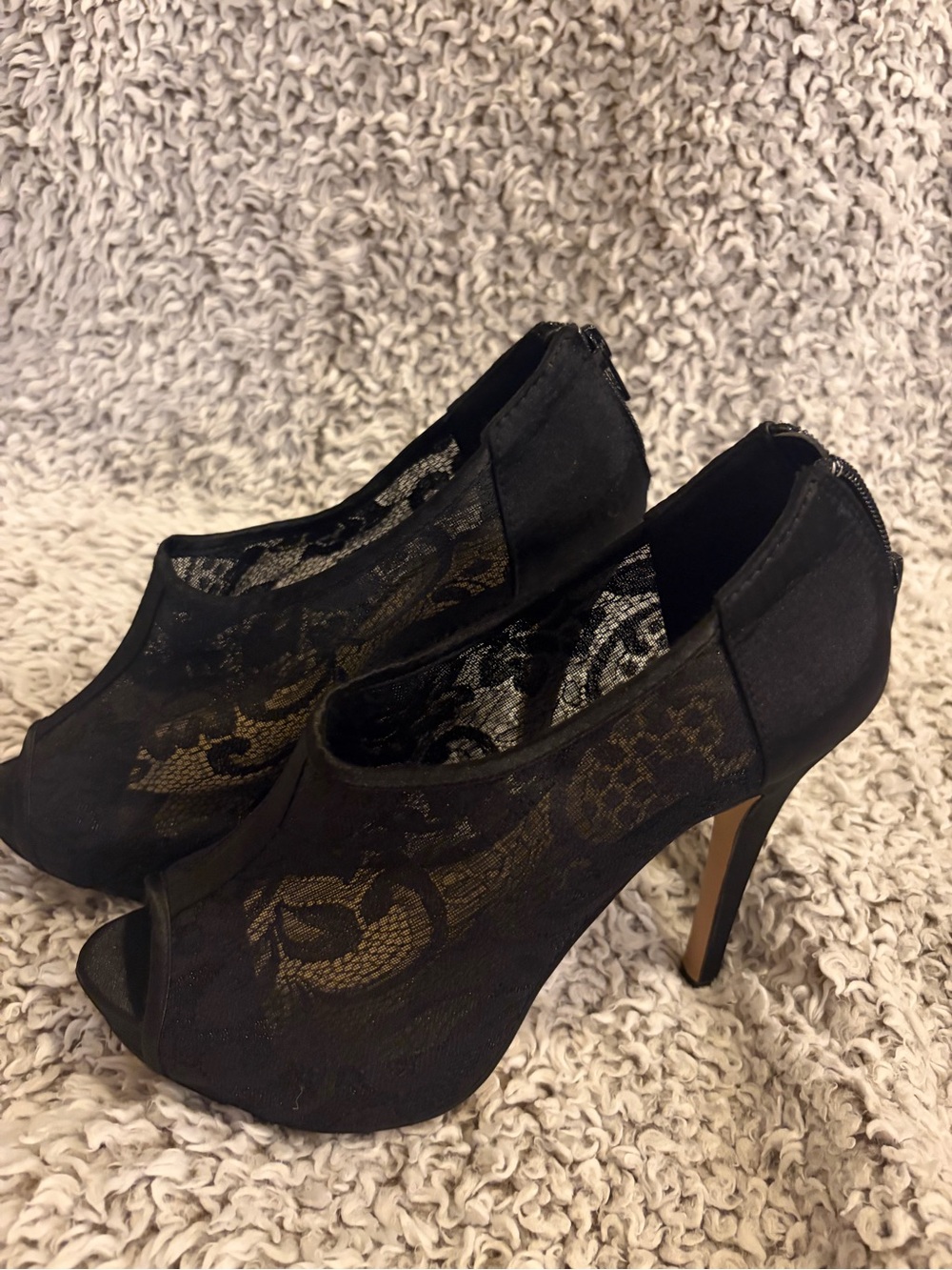 Black Lace Peep-Toe High Heel Booties